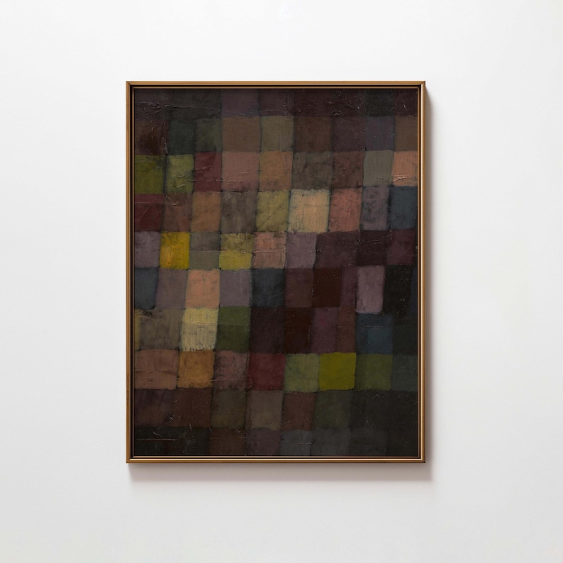 May include: Abstract painting in a gold frame. The artwork features a grid of various colored squares, including shades of brown, green, purple, and yellow. The painting has a textured appearance, suggesting the use of thick paint or mixed media.