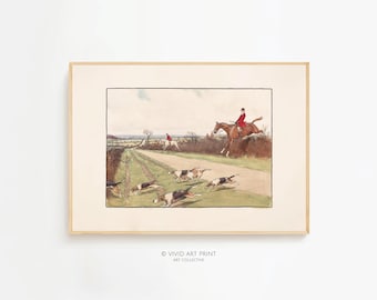 May include: A vintage illustration of a hunting scene with a rider on horseback and a pack of hounds running through a field. The rider is wearing a red coat and a black hat, and the horse is brown. The hounds are white and brown, and they are running in a pack.
