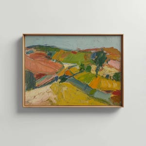 以下が含まれることがあります： 木製のフレームに入った抽象的な風景画。このアートワークは、黄色、緑、オレンジ、ピンクなどの鮮やかな色の組み合わせで、明るい青空の下の丘や畑を描いています。筆致が見え、質感が加わっています。