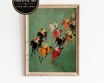 May include: A framed art print featuring a horse race with multiple jockeys in colorful silks riding horses of various colors including black, white, red, and orange across a solid green background. The print includes a circular logo in the corner.