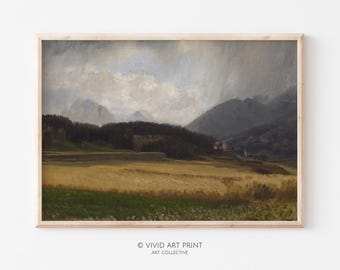 Vintage Farmland Landscape Art Print: Moody Cottagecore Decor (Digital Download)