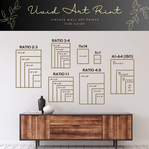 May include: A size guide for vintage wall art prints. The guide displays various rectangular frame sizes in inches, including ratios 2:3, 3:4, 1:1, 4:5, and A1-A4 (ISO). The text "Vivid Art Print" is at the top.