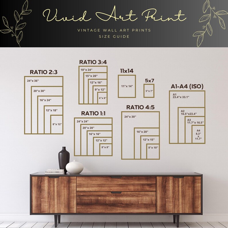 May include: A size guide for vintage wall art prints. The guide displays various rectangular frame sizes in inches, including ratios 2:3, 3:4, 1:1, 4:5, and A1-A4 (ISO). The text "Vivid Art Print" is at the top.