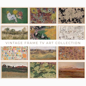 Puede incluir: Una colección de impresiones artísticas vintage enmarcadas. Las impresiones presentan varios estilos, incluyendo pinturas florales, abstractas y paisajísticas. El texto "VINTAGE FRAME TV ART COLLECTION" se muestra debajo.