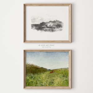 Vintage Gallery Set Landscape Painting & Classic Sketch SET of Two | Digital Download Instant Home Decor | Vivid Art Print HM-217