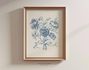 Blue Rose Bouquet Sketch: Vintage Botanical Art Print (Digital Download)
