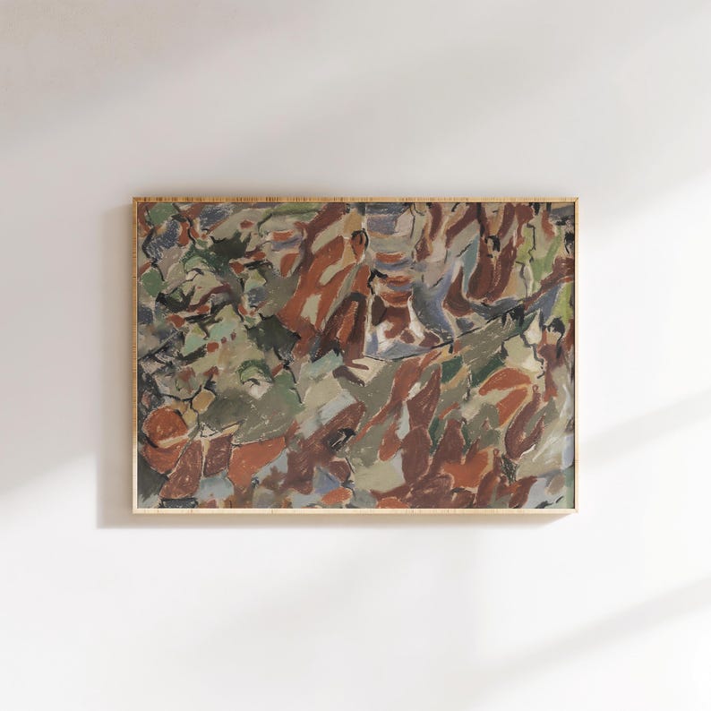May include: Abstract painting in a wooden frame. The artwork features a mix of colors, including shades of brown, green, and blue. The brushstrokes create a textured appearance, with the colors blending together to form an abstract composition. The painting is displayed on a white wall.