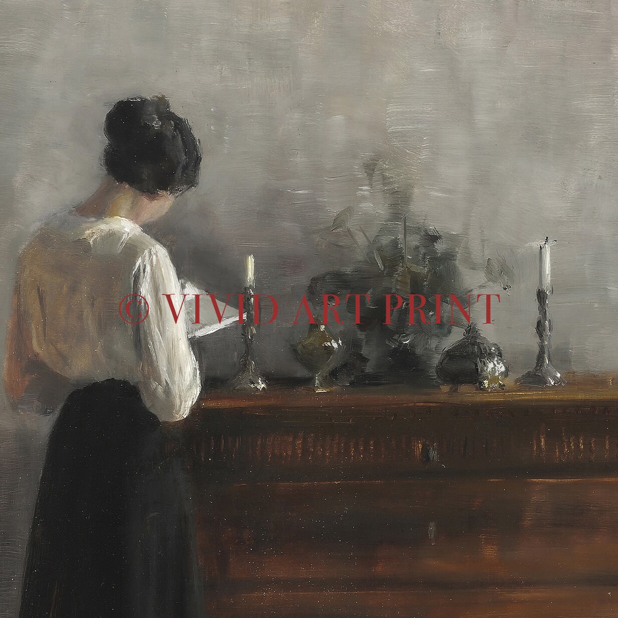 ヴィンテージの読書する女性絵画：アンティークな室内装飾アート
