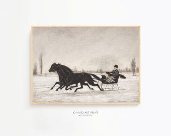 May include: A vintage illustration of a black horse-drawn sleigh with a person in a black coat and hat riding in the sleigh. The sleigh is on a snowy road with trees in the background.