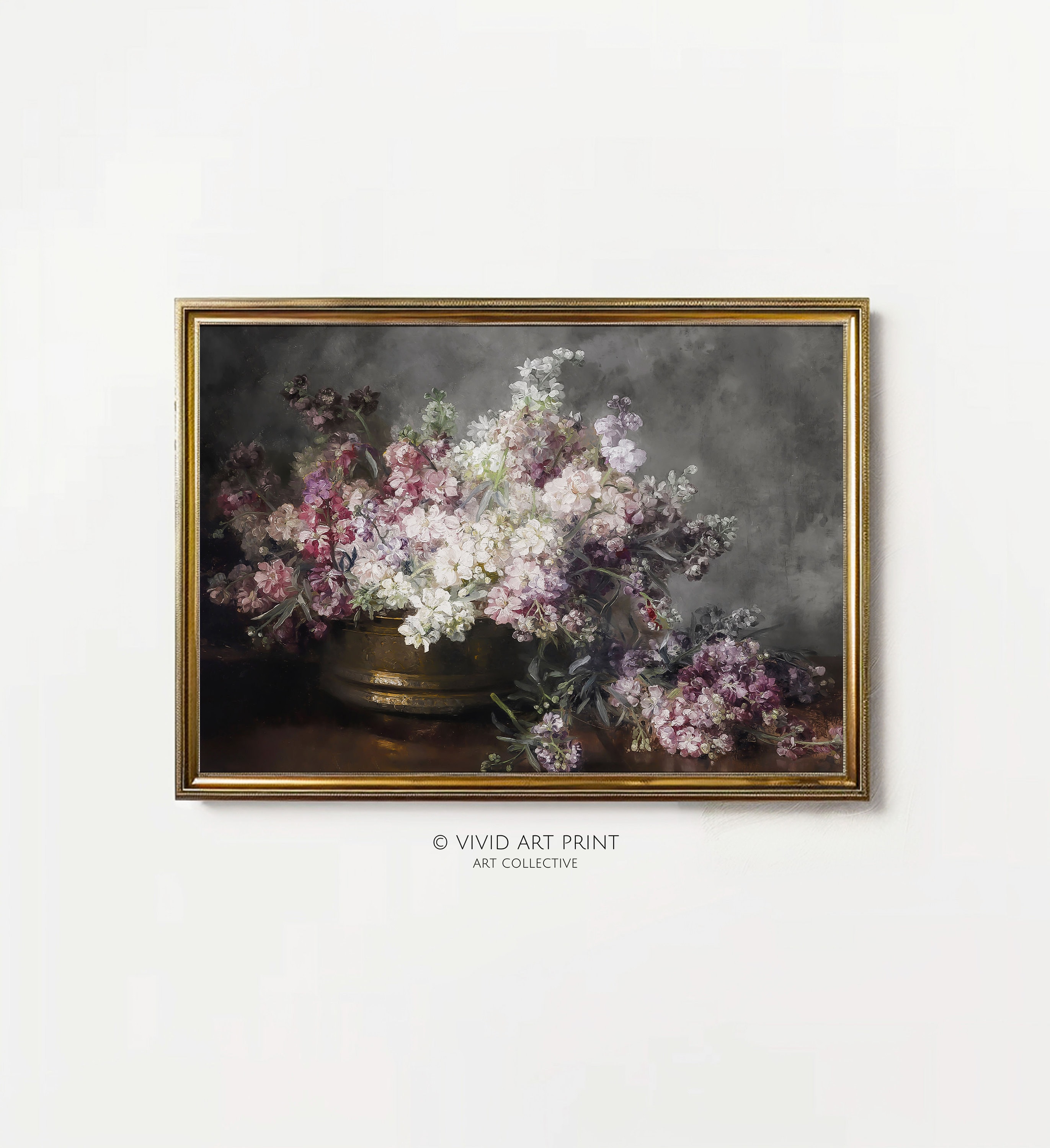 Floral Still Life Art Print: Vintage Matthiola Incana Painting