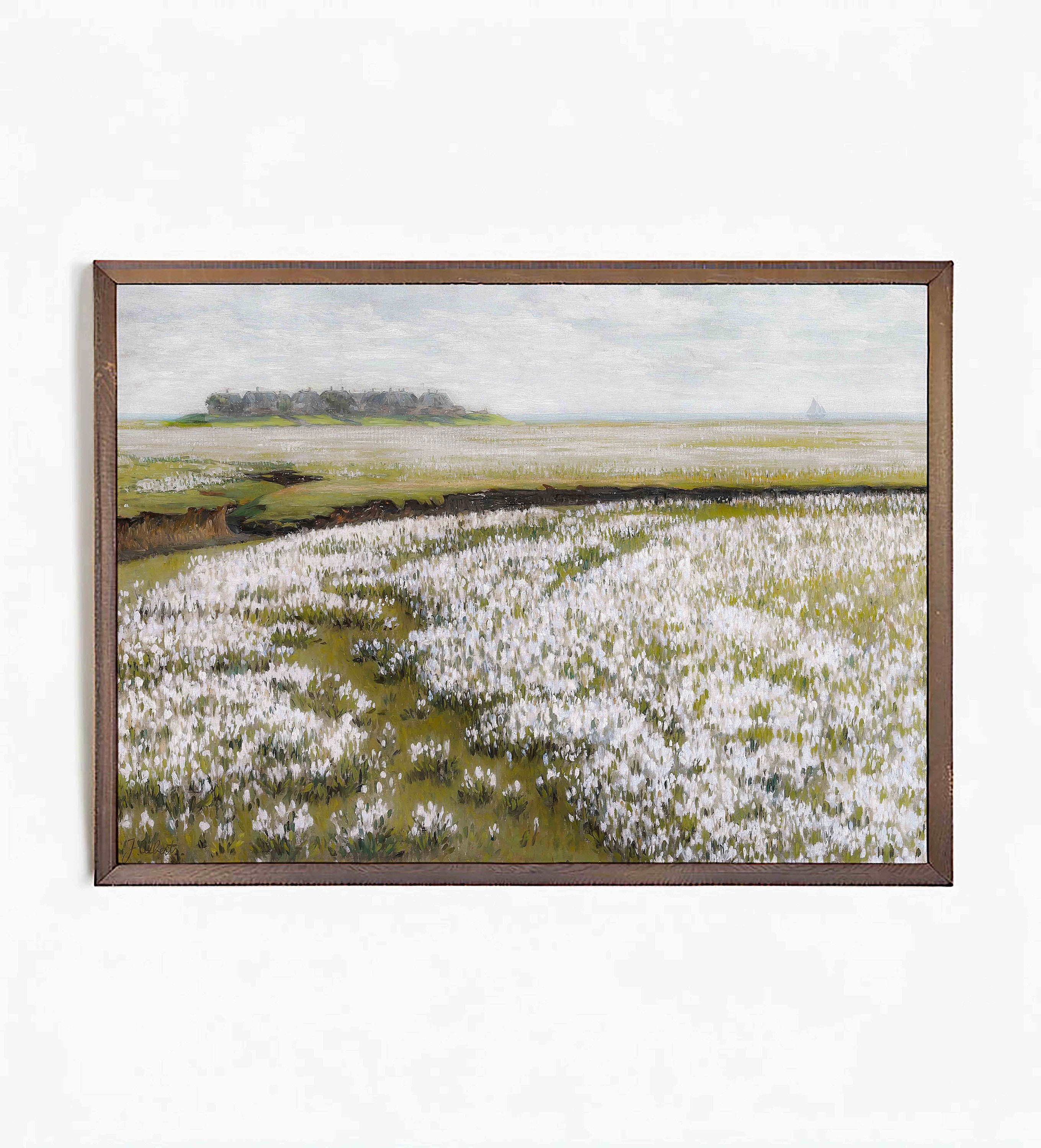 夏の野原の風景画アートプリント：アンティークな花の絵画（デジタル