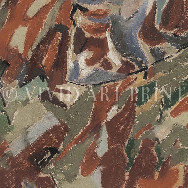 May include: Abstract art print with a textured appearance. The artwork features a blend of earthy tones, including shades of brown, orange, and green, with hints of blue and white. The words "VIVID ART PRINT" are visible in the lower left corner.