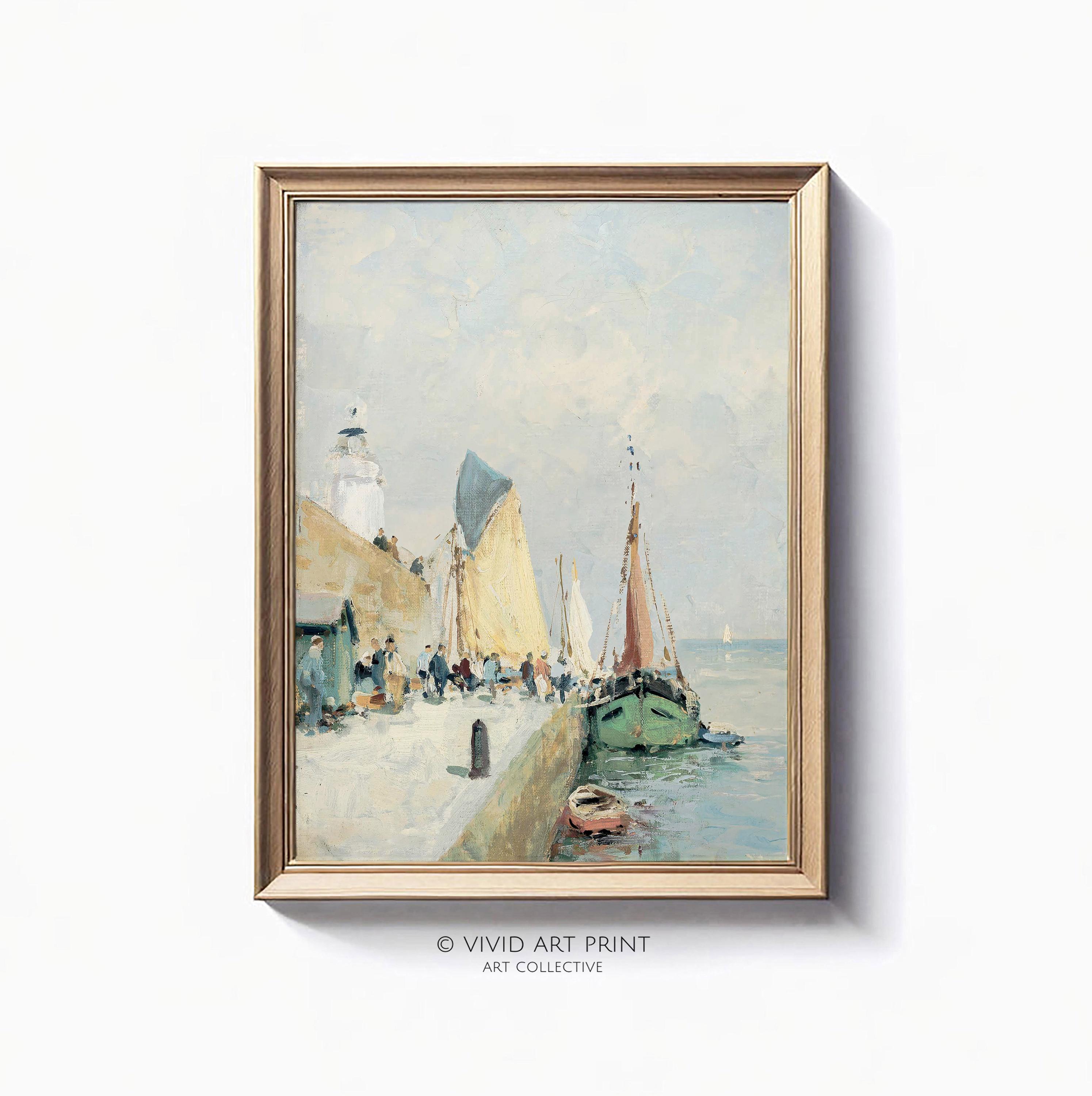 絵画 E BATES < HARBOR VIEW > Vintage Harbor Scene Art Print: Coastal Nautical Decor (digital