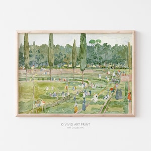 May include: A watercolor painting of a park scene with people sitting on benches and walking around. The park is surrounded by trees and there are tall cypress trees in the background.