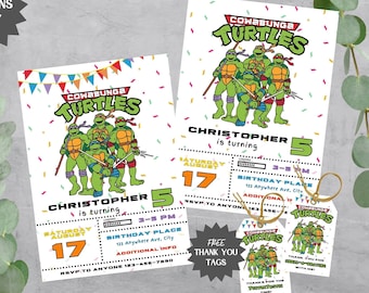 May include: Two printable Teenage Mutant Ninja Turtles birthday party invitations with a colorful confetti background. The invitations feature the Teenage Mutant Ninja Turtles characters and the text "Cowabunga Turtles". The invitations are for a 5-year-old boy named Christopher. The invitations include the date, time, and location of the party. The invitations also include a free thank you tag with the Teenage Mutant Ninja Turtles characters.