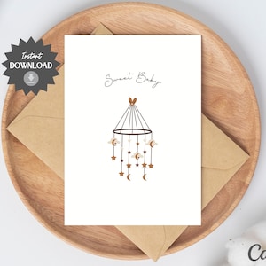 Baby Card | Sweet Baby Shower Card | Moon and Stars | Welcome Newborn Baby Card | Simple Minimalist | Printable Card | Instant Download |PDF