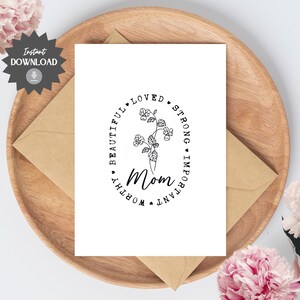 Carte Affirmation Fête des Mères ; Beau, aimé, fort, important, digne | carte minimaliste de maman de fleur de Zazzle.be Liste d'envies Vous avez des idées ? Blanc à l'intérieur | Imprimable