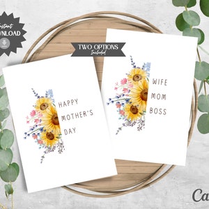 Lot de cartes tournesol pour la fête des mères | Bonne fête des mères | carte florale pour maman | Options intérieures | Lot de 2 imprimables à téléchargement immédiat