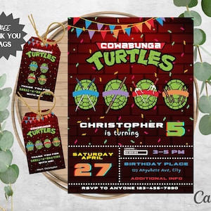 Ninjas-verjaardag Turtles-uitnodiging | Rode bakstenen schildpadschelpen verjaardagsuitnodiging | Cowabunga | 2 gratis bedanktags | Bewerkbare download