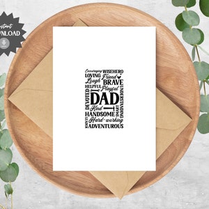 Carte de fête des pères | WordCloud, courageux, espiègles, affectueux | Bonne fête des pères | carte pour papa | Blanc à l'intérieur | PDF | Enveloppe imprimable incluse