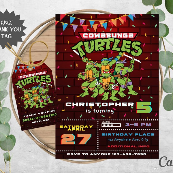 Ninja Turtles Birthday Invitation | Red Brick | Cowabunga Turtles Birthday Party Invite | Free Thank You Tag | Editable Instant Download