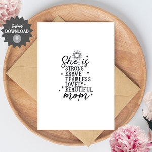 Carte d'affirmation pour la fête des Mères ; Strong, Brave, Fearless, Lovely, Beautiful | maman étoiles du soleil | Fête des Mères minimaliste | PDF vierge à l'intérieur