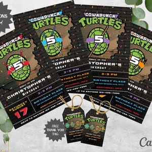 Ninjas Shells verjaardag schildpad uitnodiging bundel van 4 | Dark Brick Turtle-verjaardagsuitnodiging | Cowabunga | Gratis bedanktags | Bewerkbare download