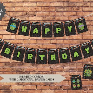 May include: A black and green "Happy Birthday" banner with Teenage Mutant Ninja Turtles characters. The banner is strung on a white string and has confetti on it. There are two additional banner cards with Teenage Mutant Ninja Turtles characters.