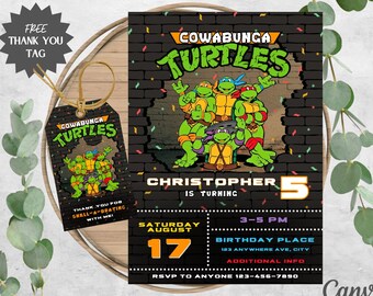 Ninjas, Turtles Birthday Invitation | Grey Brick | Cowabunga Turtles Birthday Party Invite | Free Thank You Tag | Editable Instant Download