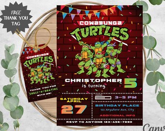 Ninjas, Turtles Birthday Invitation | Red Brick | Cowabunga Turtles Birthday Party Invite | Free Thank You Tag | Editable Instant Download