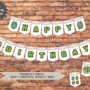 May include: A white banner with green, red, and blue Teenage Mutant Ninja Turtles characters on each flag. The banner reads "Happy Birthday".