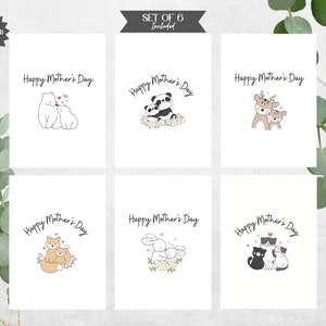 Maman mignonne avec des bébés animaux Cartes de vœux pour la fête des Mères | Lot de cartes Bonne fête des mères | Jeu de 6 cartes avec intérieur en option | PDF imprimable instantané