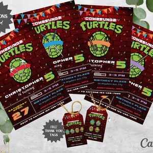 Verjaardag ninjaschelpen | Set van 4 uitnodigingen met schildpad | Red Brick Turtle-verjaardagsuitnodiging | Cowabunga | Gratis bedanktags | Bewerkbare download