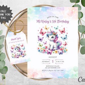 Convite de aniversário de unicórnio | Convite de unicórnio de borboleta arco-íris | Aniversário de unicórnio | Download instantâneo editável | Etiqueta de agradecimento para impressão