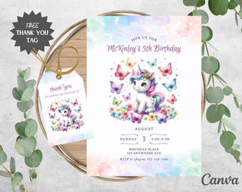 Op de afbeelding: Een printbare uitnodiging voor een 5e verjaardagsfeest met een eenhoorn met een regenboogmanen en vlinders. De uitnodiging is versierd met een aquarel achtergrond en heeft de tekst "Doe mee met McKinleys 5e verjaardag".