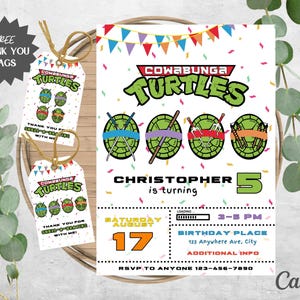 de tortue d'anniversaire de coquillage de Ninjas | de couleur blanche pour fête d'anniversaire de Cowabunga | Comprend 2 étiquettes de remerciement | Téléchargement modifiable