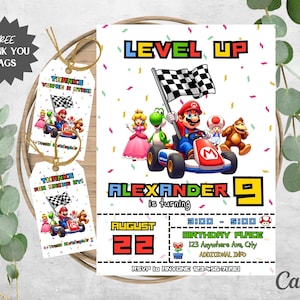 Mario Birthday Invitation | Super Invite Mario  | Racing Party | Peach, Donkey, Toad | Mario, Kart Animated Invite | 2 Thank you Tags