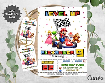 Op de afbeelding: Een kleurrijke uitnodiging voor een verjaardagsfeest met een videogamethema. De uitnodiging bevat een cartoonafbeelding van Mario Kart-personages, waaronder Mario, Luigi, Peach en Toad. De tekst op de uitnodiging luidt "Level Up" en "Alexander wordt 9 jaar". De uitnodiging bevat ook de datum en tijd van het feest, evenals de locatie en RSVP-informatie.