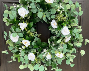 All Season Rose and Eucalyptus Front Door Spring Greenery Wreath, Mother’s Day Gift, Cottage Style Decor, Modern Farmhouse, Real Estate Door