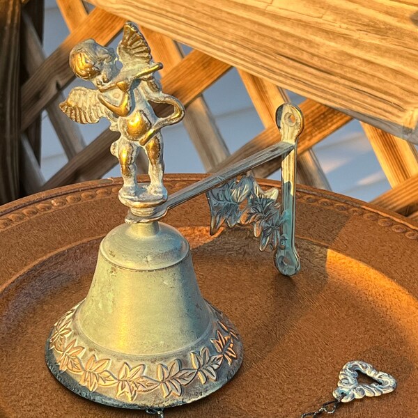 Antique Oxidized Bronze Wall Mounted Dinner Bell Vintage Brass Cherub