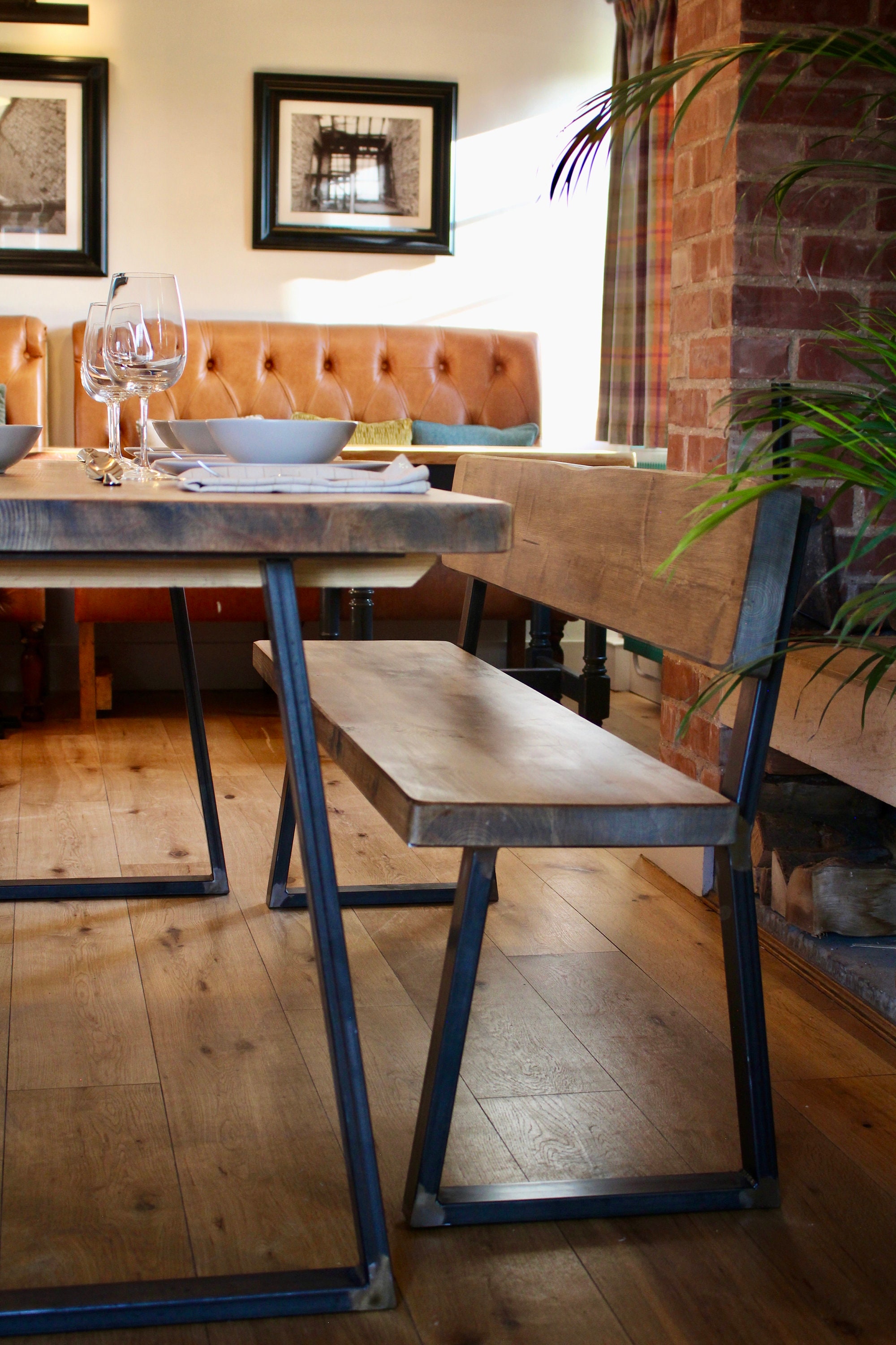 Rustic Industrial Handmade Dining Table With a Bench With Back Set ...