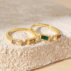 Duo Baguette Birthstone Ring, Dainty Birthstone Ring, Adjustable Gemstone Ring,Family Birthstone Ring, 14K Gold Stackable Ring, Gift for her