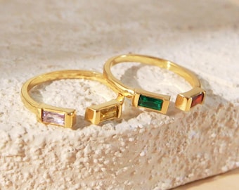 Duo Baguette Birthstone Ring, Dainty Birthstone Ring, Adjustable Gemstone Ring,Family Birthstone Ring, 14K Gold Stackable Ring, Gift for her