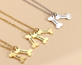 Custom Dog Bone Name Necklace • Pet Name Custom Necklace for Dog Mom • Engraved Cat Dog Name • Gift for Pet Lover • Pet Necklace for Women