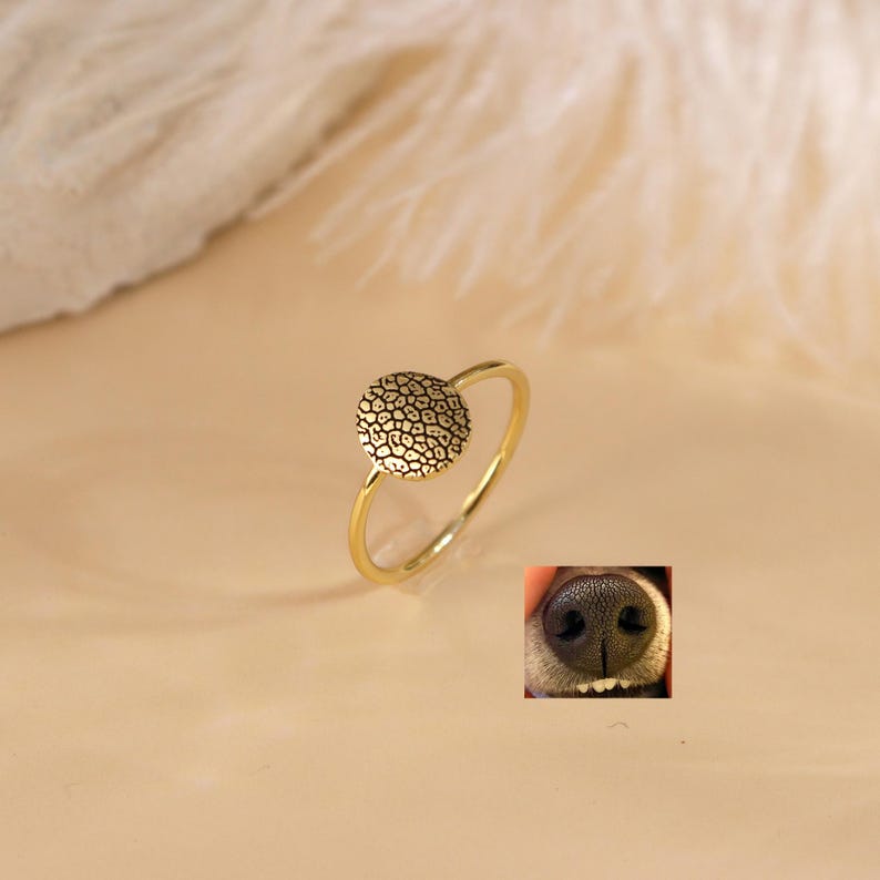 May include: A gold ring featuring a round, textured design. The texture resembles a dog's nose.
