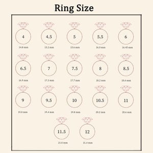 May include: A chart showing ring sizes from 4 to 12 with corresponding measurements in millimetres. The chart features a stylised diamond ring icon for each size.