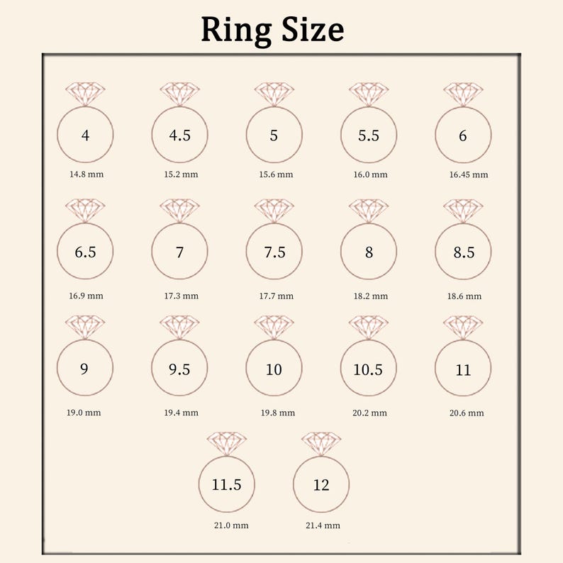 May include: A chart showing ring sizes from 4 to 12 with corresponding measurements in millimetres. The chart features a stylised diamond ring icon for each size.