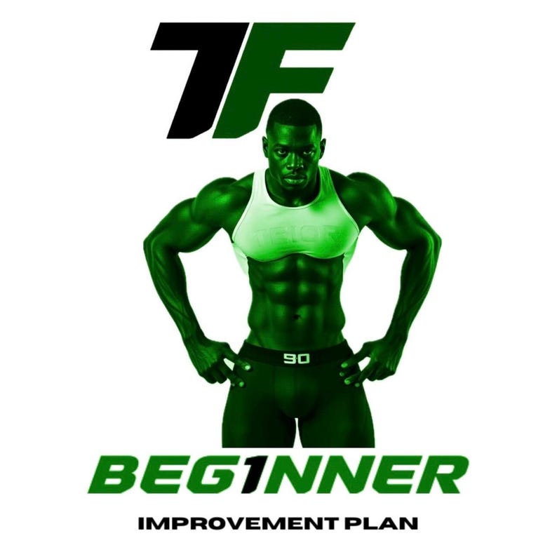 K&ouml;nnte beinhalten: Ein gr&uuml;nes und schwarzes Bild einer muskul&ouml;sen Person mit dem Text "7F BEGIN1NNER IMPROVEMENT PLAN" unten.