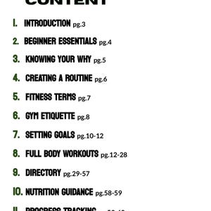 K&ouml;nnte beinhalten: Ein schwarz-wei&szlig;es Inhaltsverzeichnis f&uuml;r einen Fitness-Leitfaden. Der Leitfaden umfasst Abschnitte zu Einf&uuml;hrung, Anf&auml;nger-Essentials, das Verst&auml;ndnis des Warum, die Erstellung einer Routine, Fitness-Begriffe, Fitnessstudio-Etikette, das Setzen von Zielen, Ganzk&ouml;rper-Workouts, Verzeichnis, Ern&auml;hrungsempfehlungen und Fortschrittsverfolgung.