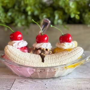 Fake Banana Split | Fake Ice Cream Decor | Dessert Bar | Photo Prop | Tiered Tray Decor | Cosplay | Vintage Glass